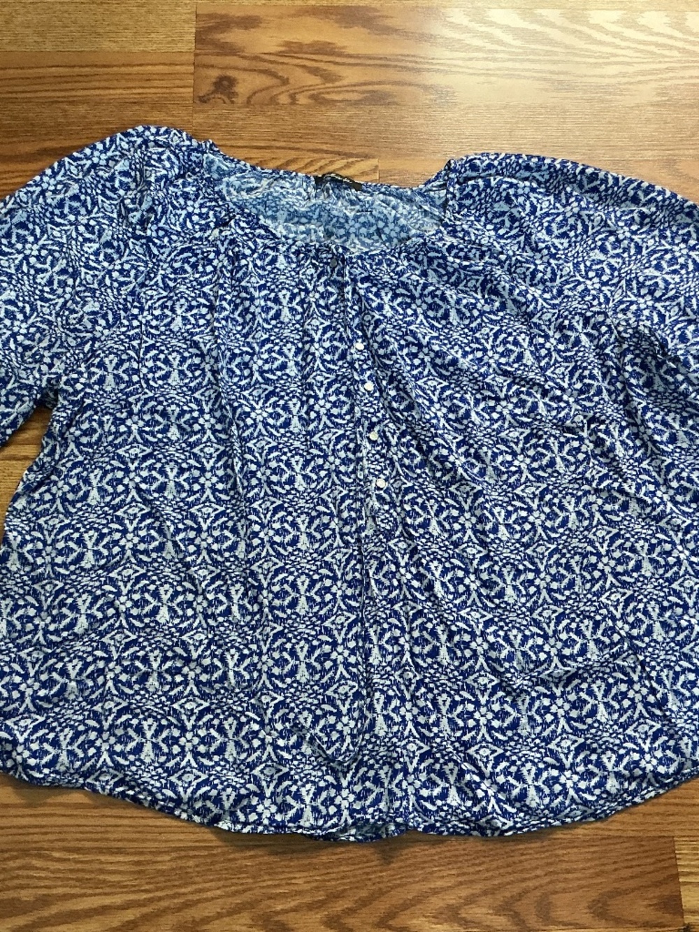 Soiree Blue & White Ikat 3/4 Sleeve Peasant Blouse  Size 3X